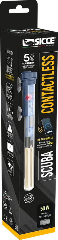 Commander Maintenant SICCE Scuba ContactLess 50W chauffage électronique réglable par Smartphone pour aquarium entre 40 à 60 L